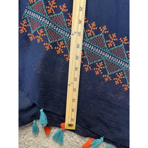 Womens Kimono One Size Blue Orange Embroidered Tackles Boho Art To Wear - Picture 6 of 9